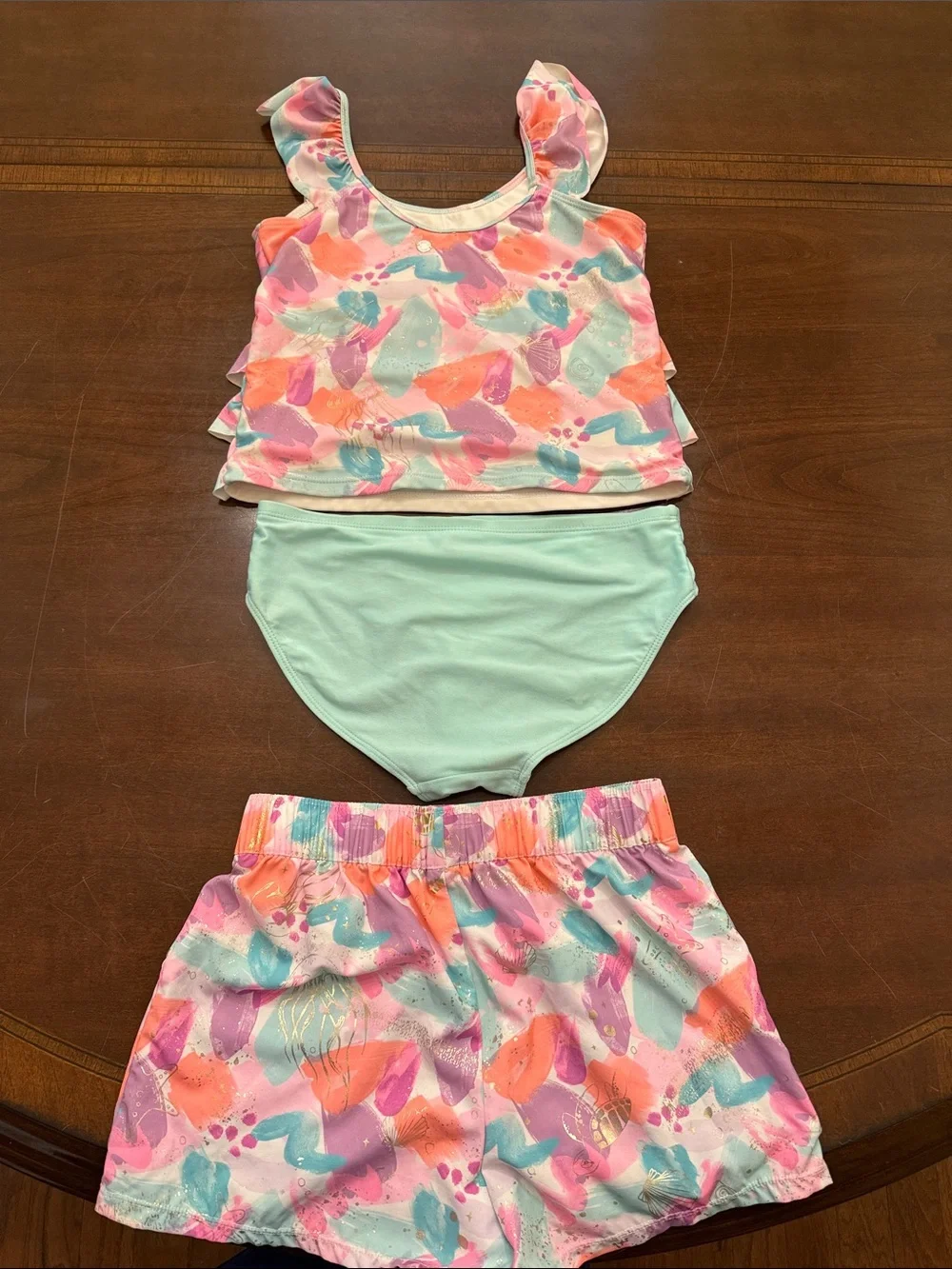 Justice Mint & Pastel Multi Ruffle Tankini with Printed Swim Shorts